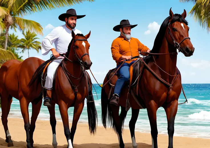 Two gauchos of average height,( um gordo com barba preta),(outro magro) Both pilchado with gaudérios costumes, cavalgando e troteando na beira da praia  ,With their horses wide sleeve breed((marrom)), ART ultra realistic cinematic photorealism --q2--very h...