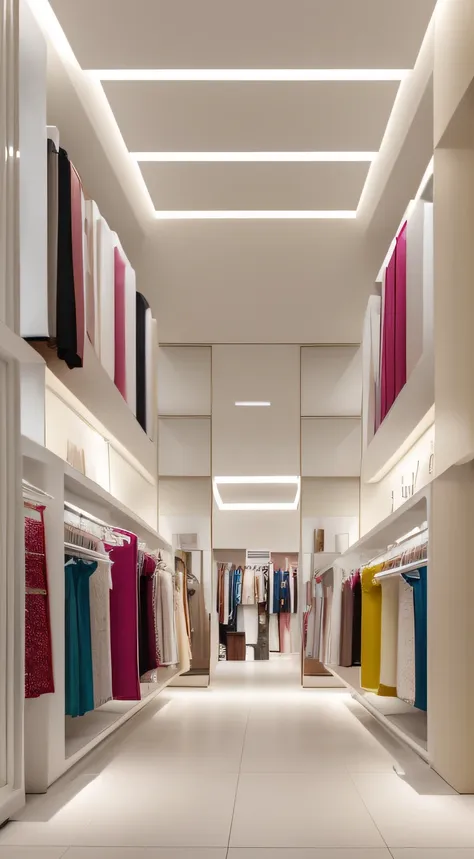 A interior of women s dress store, minimal design. The walls are painted in a light colors, colorfull. without any direct sunlight or daylight effect no sun, no daylight. From the point of view of a person in front of a parallel wall of the camera, for bac...