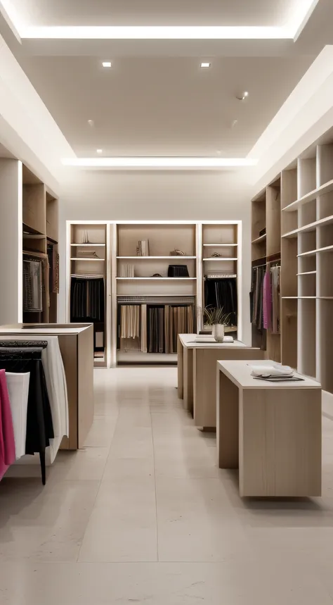 a interior of women 's dress store, minimal design. the walls are painted in a light and low saturation color. without any direc...