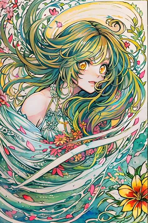 Playing in the tide,Luxley, Split color hair, Wind, Flying petals, stainedglassai, ornamental, Intricate details, dufkova, 2D, linear art, watercolor paiting, ink watercolor, random colored hair, Super long hair, Wavy, 1girl in,alraune,flower, alraune,