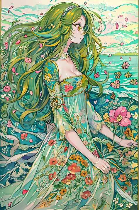 Playing in the tide,Luxley, Split color hair, Wind, Flying petals, stainedglassai, ornamental, Intricate details, dufkova, 2D, linear art, watercolor paiting, ink watercolor, random colored hair, Super long hair, Wavy, 1girl in,alraune,flower, alraune,