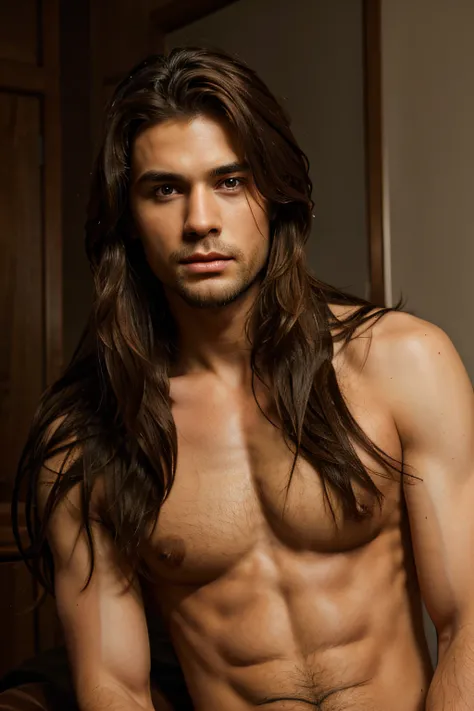 erotic male angel brown long hair and intense look