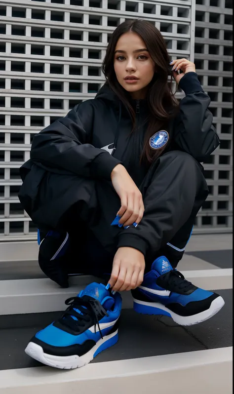 arafed woman sitting on the floor in a black and blue outfit, preto e azul, azul e preto, sneaker photo, blue footwear, fotograf...