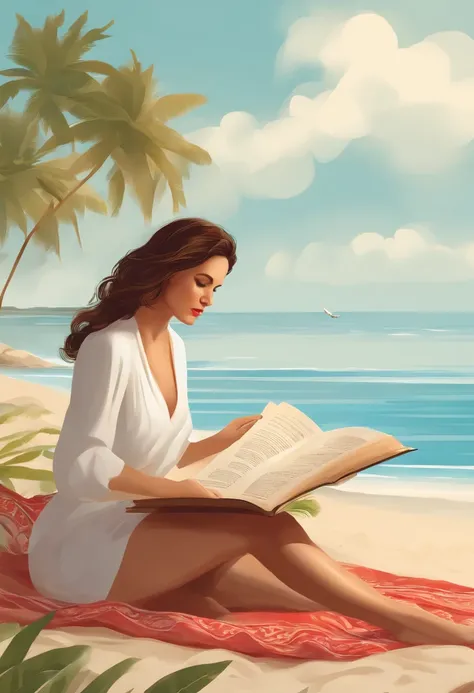 (masterpiece),(bestquality:1.1),(ultra-detail),best illustration,finely detail,(portrait:1.1),(Rich close-ups),Woman sitting on a blanket reading a book on the beach, Relax at the beach, Relax on the beach, In a beachfront environment, At a tropical beach,...