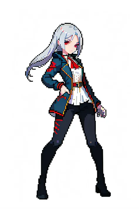 (masterpiece, top quality, best quality, less detail, ), pixel,pixel art,pixel by pixel, 1girl,full body,attack pose, US style, poor jacket, game asset, red eyes, silver hair, vampire element, ice element, look foward the enemys