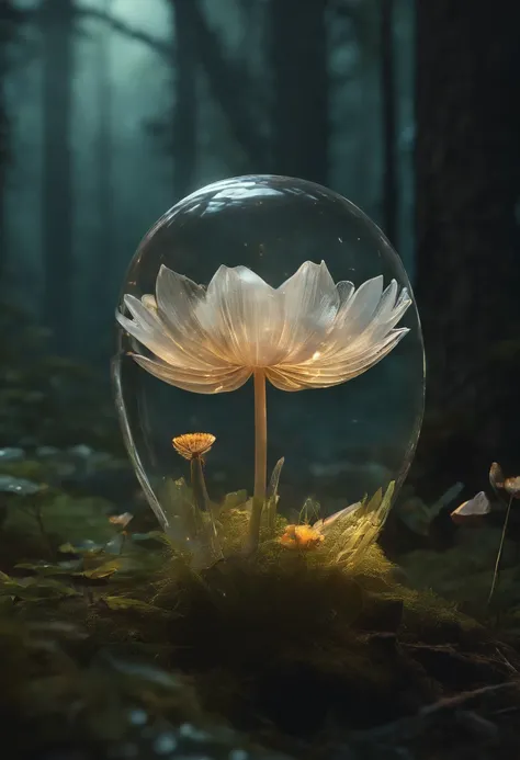 sparkling large glass Crystal Lotus dandelion flowers and mushroom made of glass in a forest, sparkling, magic,; ctx,extreme detail; intricate motifs : night background Bastien Lecouffe Deharme; jeremy_mann; andree_wallin : ctx; deep depth of field : brigh...