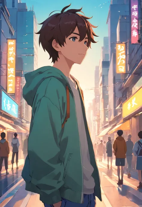 A boy, transformed into an anime style, with exaggerated unique facial features and clothing, standing on a bustling city street, backlit background highlighting the subject, high-contrast colors, 4K high-definition quality，young, smiling, handsome