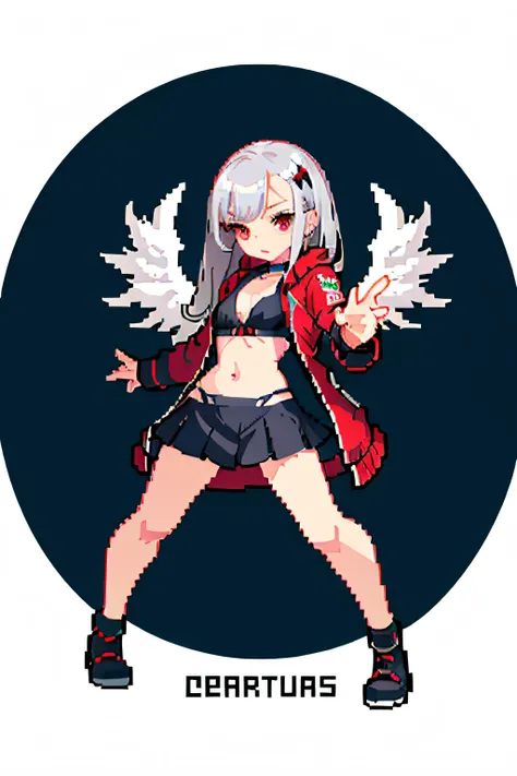 (masterpiece, top quality, best quality, less detail, ), pixel,pixel art,pixel by pixel, 1girl,full body,attack pose, US style, poor jacket, game asset, red eyes, silver hair, vampire element, ice element, bikini on top, fallen angel