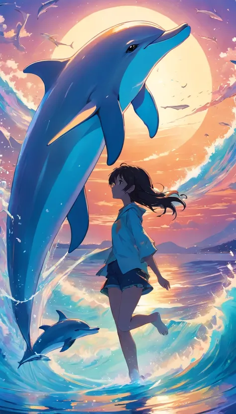 Painting of dolphins swimming in colorful ocean, Look up at the composition, A girl with a dolphin in her arms is in the middle，Inspired by Cyril Rolando, dreamy psychedelic anime, colorful anime movie background, A beautiful artwork illustration, colorful...