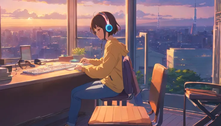 portlate、512、lo-fi、Girl in headphones sitting on a chair、Napping at your desk、Eyes closed、City view outside the window、early evening、PastelColors、Painting