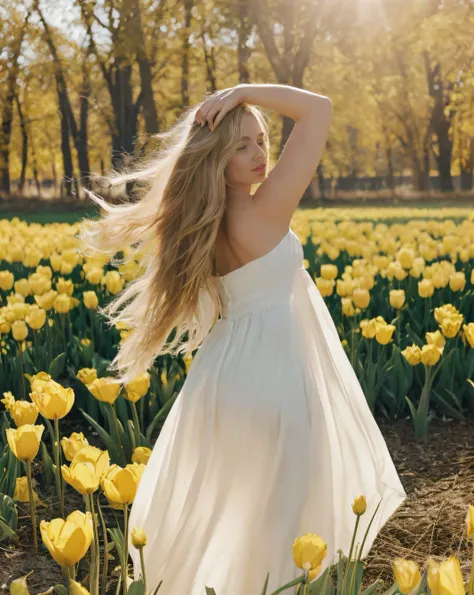 blonde girl, long hair, Design a photo-realistic portrait of a beautiful woman dressed in a flowing white gown, standing amongst a field of yellow tulips. The sunlight catches the delicate details of her dress, creating a soft, ethereal glow, lifting arms ...