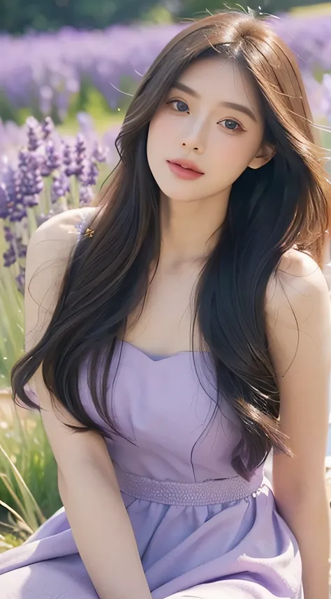 (hyperrealistic), (8K), 1 young girl, (beautiful detailed eyes), (beautiful detailed lips), (extremely detailed face), (long eyelashes), (soft smooth skin), (Supermodel body), (supermodel measurements), (wear Flowery dress), (in the lavender field), (stand...