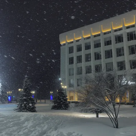 Snowy night view of the city square with a clock tower, It snows in the city，It snowed a lot, snowfall at night, snowy night, snowy winter christmas night, during snowfall, Winter nights, Winter in the snow, snowfall, heavy snow fall, snowing outside, neva...