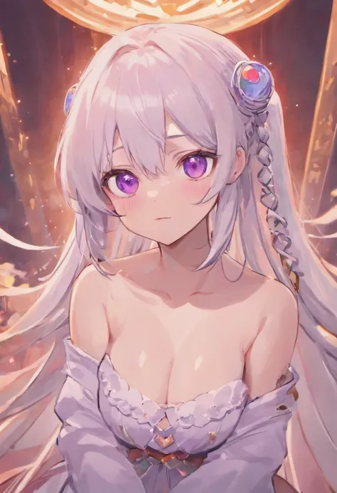 best qualtiy，highly  detailed，tmasterpiece，ultra - detailed，（Realistis：1.2），1girll，（white backgrounid），simplebackground，Elaborate Eyes，Silver hair，a purple eye，hair_ornament，（white offshoulder shirt：1.3），long whitr hair，pointy_ears，crown_braid，face express...