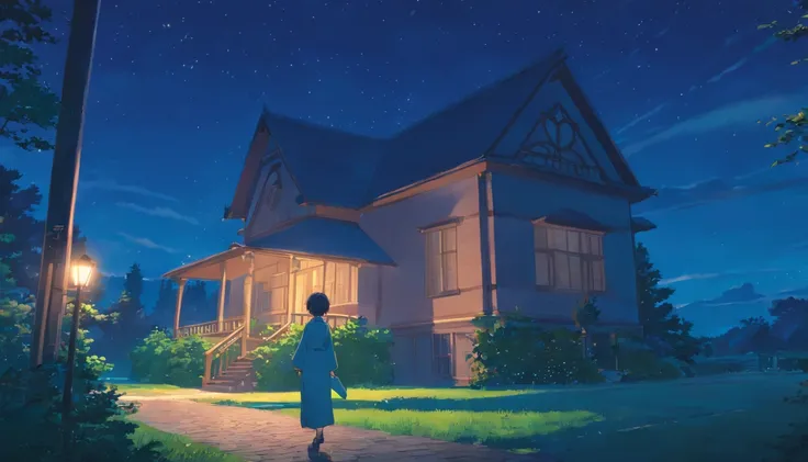 darkly, Old Victorian house standing alone in the moonlight,The color is bright,，dark night background，Men about 12 years old，white hair，light blue eyes，Long White Robe，Lock at the back，A wizard in the style of Harry Potter，tender，apathy