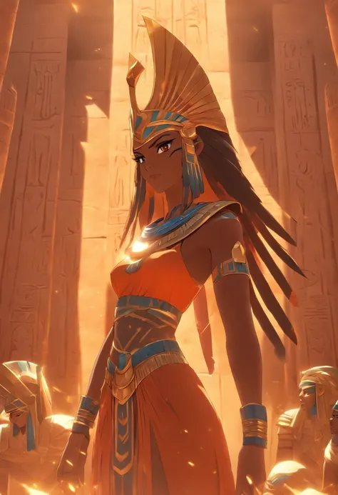 ((Neith with shield))) best quality, very high resolution, 4K detailed CG, masterpiece, Egyptian mythology, Maat, woman, shield, arrows, sun in the background, Ancient Egypt, standing pose, orange clothes, clothes Egyptians, Egyptian temple, desert, Ancien...