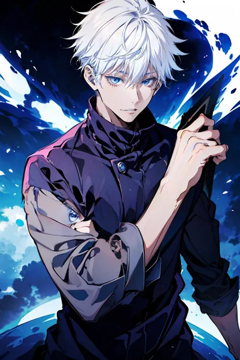 (absurderes, A high resolution, ultra - detailed, hdr), tmasterpiece, NSFW, Best quality, jujutsu kaisen, Satoru Gojo, 1 person only in battle, goodlooking, short  hair, whaite hair, vibrant blue eyes, Fine eyes and a delicate face, (((fires, yeero, On you...