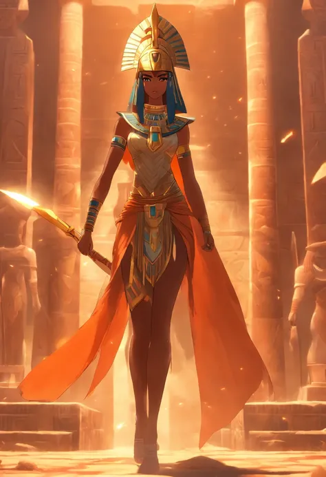 ((Neith with shield))) best quality, very high resolution, 4K detailed CG, masterpiece, Egyptian mythology, Neith, woman, shield, arrows, sun in the background, Ancient Egypt, standing pose, orange clothes, clothes Egyptians, Egyptian temple, desert, Ancie...