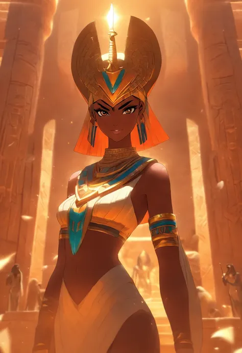 ((Neith with shield))) best quality, very high resolution, 4K detailed CG, masterpiece, Egyptian mythology, Neith, woman, shield, arrows, sun in the background, Ancient Egypt, standing pose, orange clothes, clothes Egyptians, Egyptian temple, desert, Ancie...