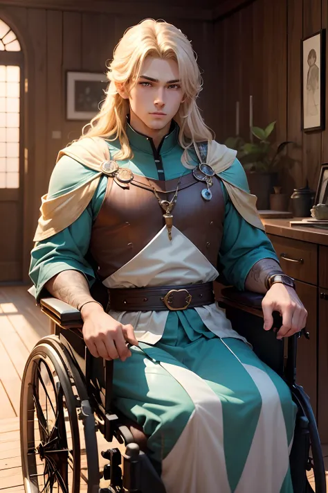 background in the house, named is Da,1boy, (man), anime, extremely detailed, hyper detailed, (broad shoulders), (PERFECT FACE), illustration, soft lighting, 3d, detailed eyes, blonde hair, long hair, teal eyes, Sit in a wooden wheelchair, wearing is tunic,...