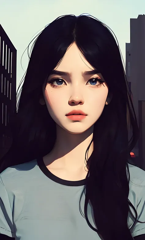 A girl with long black hair and wearing tint blue shirt, stylized portrait art