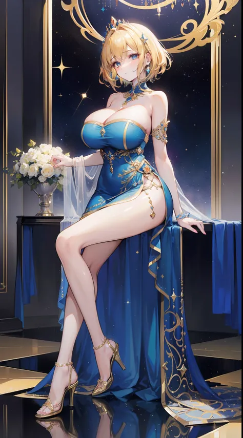 a beauty girl，(with short golden hair)，Royal nobility，(A princess)，Blue pupil，Tall figure，((Bandeau dress))，Low-cut skirt，(Starry evening dress)，show legs，Crystal heels，Red carpet，Prom website，(nobles)，(huge tit)