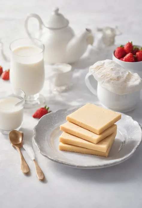 3 shortbread，A bowl of milk,farinha, a warm color palette，inside in room，Window projection，rays of sunshine，Mountain, Cinematic, Professional photography, Advertising photography, Intricate details, Hyper-detailed, Ultra photo realsisim, 8K  UHD