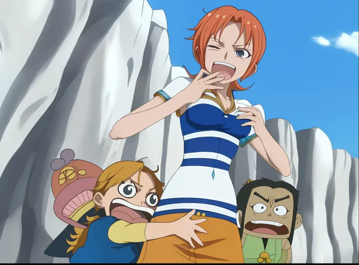 Walpaper. Nami from one piece. Wearing micro skirt. And get hug with boy. (Tamanegi).(ninjin).(piiman). (UltraHD) (8k)