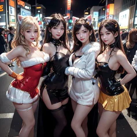 masterpiece, top-quality, top-quality, Beautifully Aesthetic:1.2, ((3girls)), Halloween night, 
((Middle girl is Wearing a high-quality Black Cat costume of fur, gloves of Cat, fur miniskirt):1.2), high detailed, 
((Left girl is Wearing a high-quality Red ...