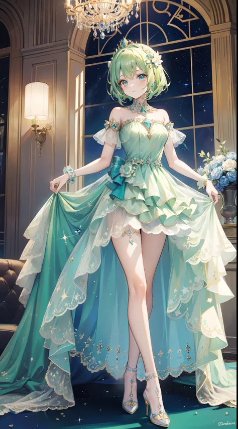 a beauty girl，(Short light green hair)，Royal nobility，(A princess)，Blue pupil，Tall figure，((Bandeau dress))，Low-cut skirt，(Starry evening dress)，show legs，Crystal heels，Red carpet，Prom website，(nobles)，(Medium-sized chest)