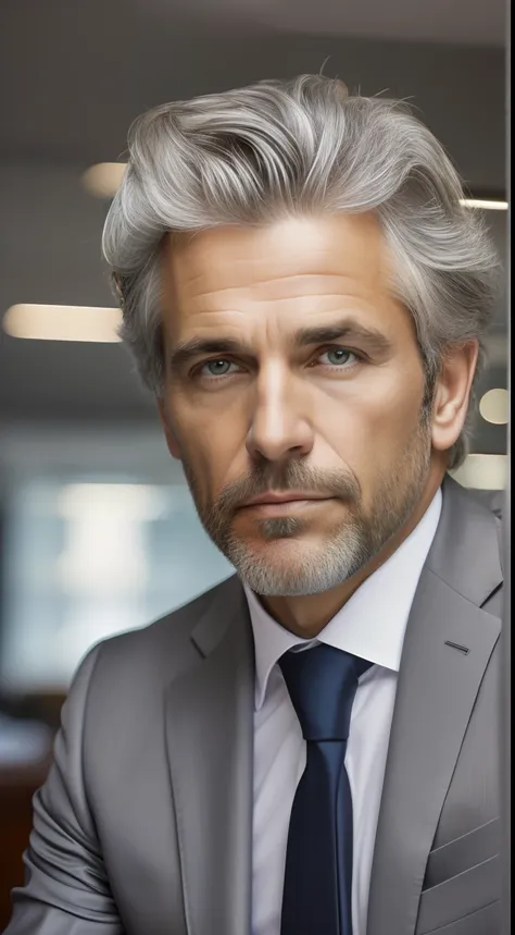 40 year old man gray hair in suit, Elegante en su oficina, full hd realístico