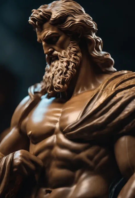 Crie uma imagem 8K inspiradora representando um Zeus grego ,Forte, olhando para o lado, immortalized as a bust statue, Single bust statue, com detalhes minuciosos, com fluido vermelho