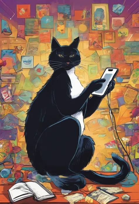 A black cat with glasses is playing with his phone