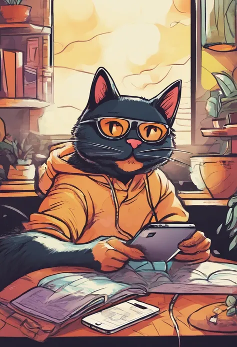 A black cat with glasses is playing with his phone