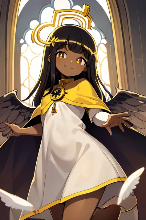 masterpiece, best quality, bright playful eyes, detailed pupils, god rays, sunbeam, inside a church, smiling, big smile, 1girl, solo focus, (Angel:1.2), halo, aura, magic, Yellow Eyes, (Dark Skinned Female:1.2), Long Religious Robes, Latin Cross