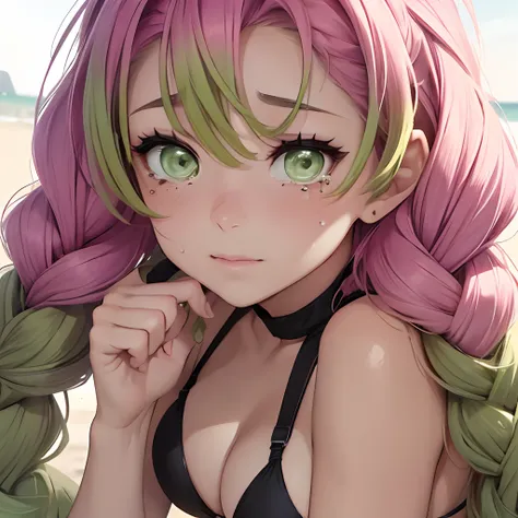 (Crying face), The bikini, Gradient Hair, (Green eyes:1.5), Green hair, Mole under the eyes, multicolored hair, Pink hair, Twin braids, Two-tone hair, Full body, Perfect Lighting,