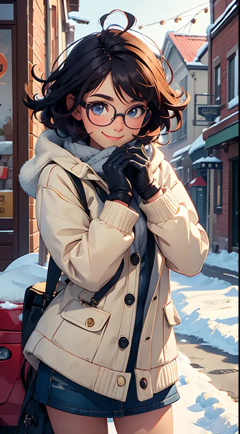 female, young, shop,snow, sweater, gloves ,blowing wind, flowing hair, smiling, glasses, short hairs