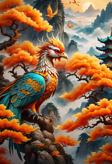 an ancient chinese painting，there are glowing phoenixes on plane trees，fanciful，4k high quality and lifelike，mountain ranges， ri...