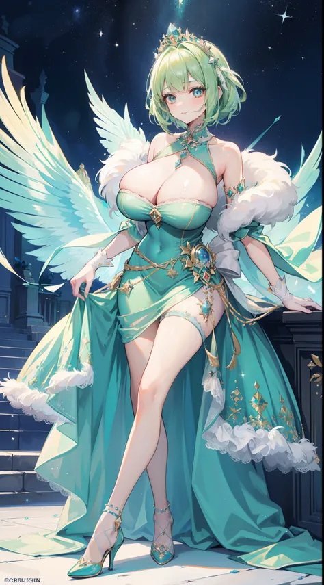 a beauty girl，ssmile，(Short light green hair)，Royal nobility，(A princess)，Blue pupil，Tall figure，((Bandeau dress))，Low-cut skirt，(Starry evening dress)，Lolita skirt，show legs，Crystal heels，Red carpet，Prom website，(nobles)，(huge tit)，((Fluff feathers))