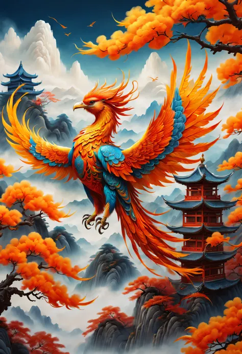 an ancient chinese painting，there are glowing phoenixes on plane trees，fanciful，4k high quality and lifelike，mountain ranges， ri...