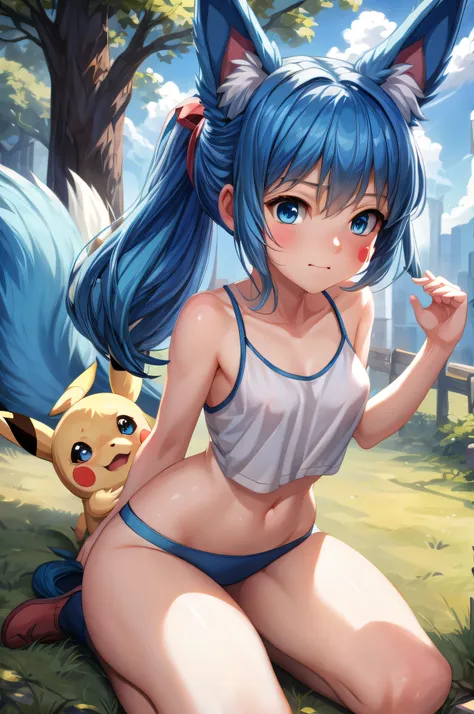 (Masterpiece) (High Detail) (High Res) A petite short humanoid girl with pale human skin and blue eyes and long blue hair and blue dog ears and a fluffy dog tail is trying to catch a Pikachu.