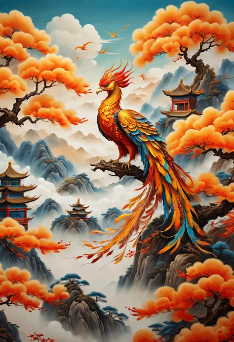 an ancient chinese painting，there are glowing phoenixes on plane trees，fanciful，4k high quality and lifelike，mountain ranges， ri...