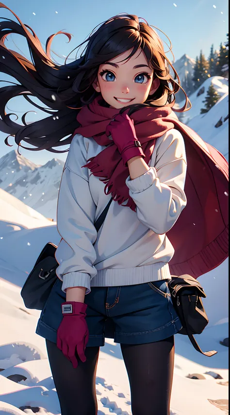 female, young, shop mountain,snow, sweater, gloves ,blowing wind, flowing hair, smiling