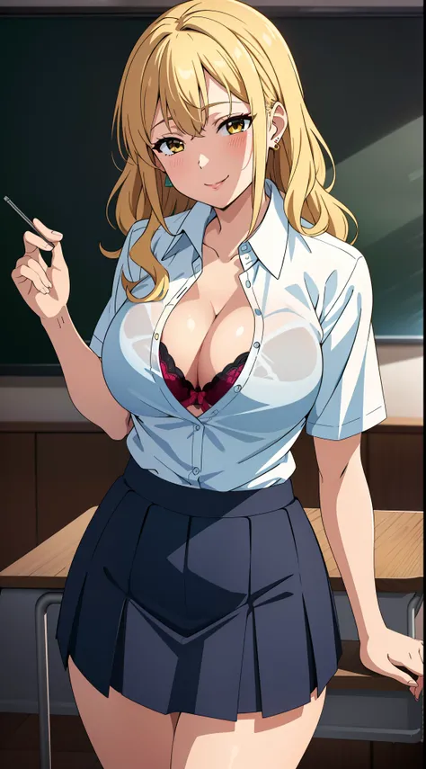 (best quality:1.5, highres, UHD, 4K, detailed lighting, shaders), blonde wavy hair, gyaru, large breasts, short sleeve school uniform, cleavage, unbuttoned shirt, bra, sexy, skirt, (pov, close shot), earrings, smiling, standing, classroom background