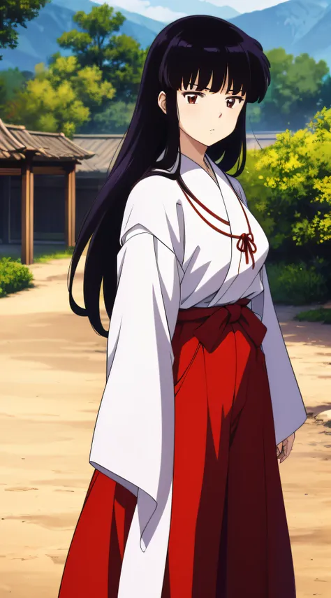 masterpiece, best quality, anime screeshot, a close photo of kikyo, 1 girl, solo, standing, brown eyes, long hair, red hakama an...