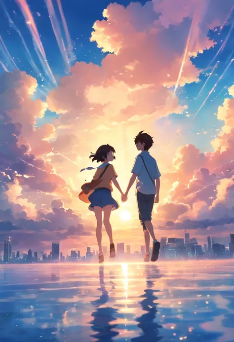 "(best quality, movie still:1.2), 1girl1boy, cloud girl boy floating in the sky, close-up, bright, happy, warm soft lighting, sunset, (sparks:0.7), vivid colors, dreamy atmosphere, magical ambiance, romantic silhouette"