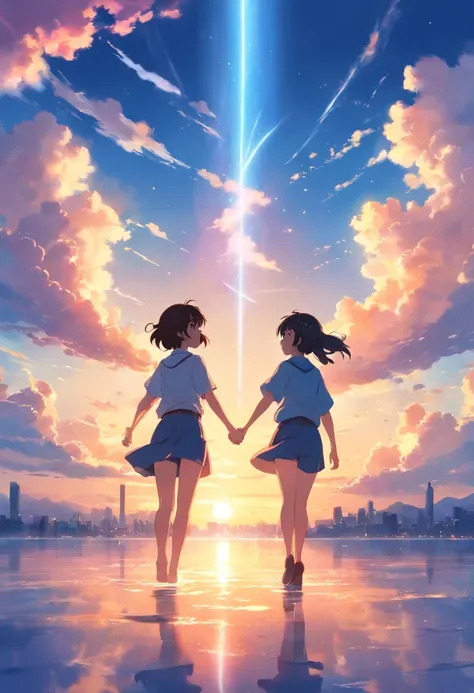 "(best quality, movie still:1.2), 1girl1boy, cloud girl boy floating in the sky, close-up, bright, happy, warm soft lighting, sunset, (sparks:0.7), vivid colors, dreamy atmosphere, magical ambiance, romantic silhouette"