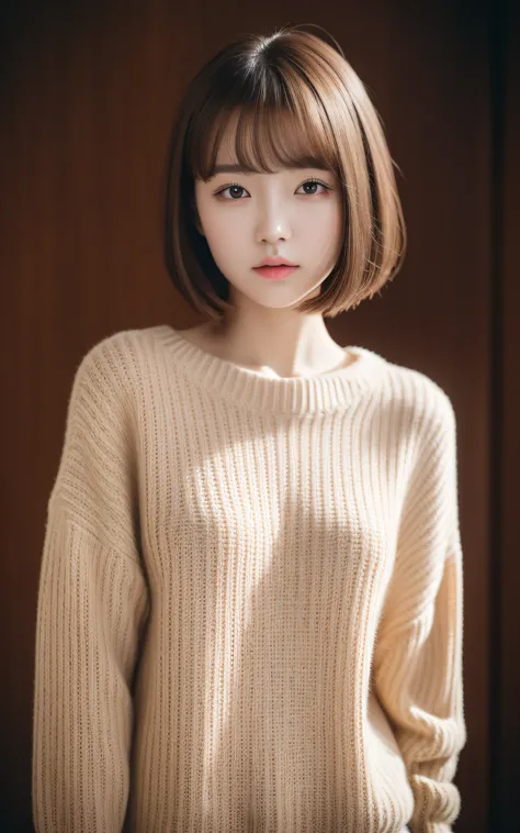 (Masterpiece:1.3), (8k, Photorealistic, RAW Photography, Best Quality: 1.4), soft light, professional lighting, 1girl,  22 years old, neat and clean beauty, closed mouth, sad, Brown short hair, bangs, sweater