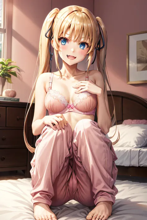 ph_eriri, sawamura spencer eriri, 1girl, blonde hair, blue eyes, , twintails, solo, fang, long hair, very happy, full body, perfect face,home, room, bed, pantines, pink color, bra, pant down, pink color, open chest, tesing boob, look at you, touches me