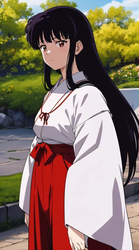 masterpiece, best quality, anime screeshot, a close photo of kikyo, 1 girl, solo, standing, brown eyes, long hair, red hakama an...